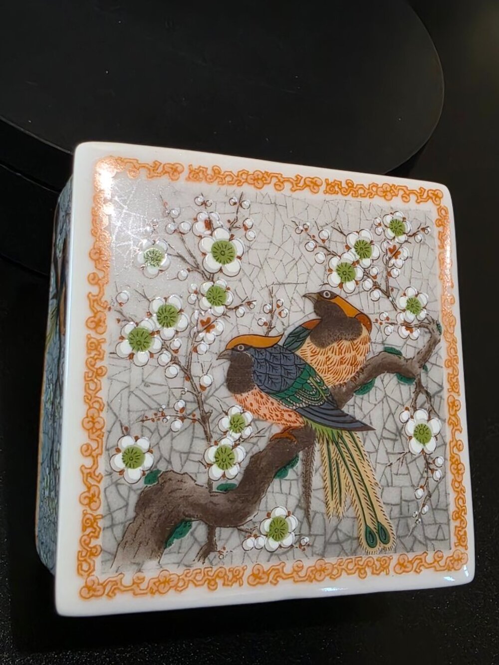 Vintage Japanese Satsuma Style Ceramic Lidded Trinket Box Birds Cherry Blossoms